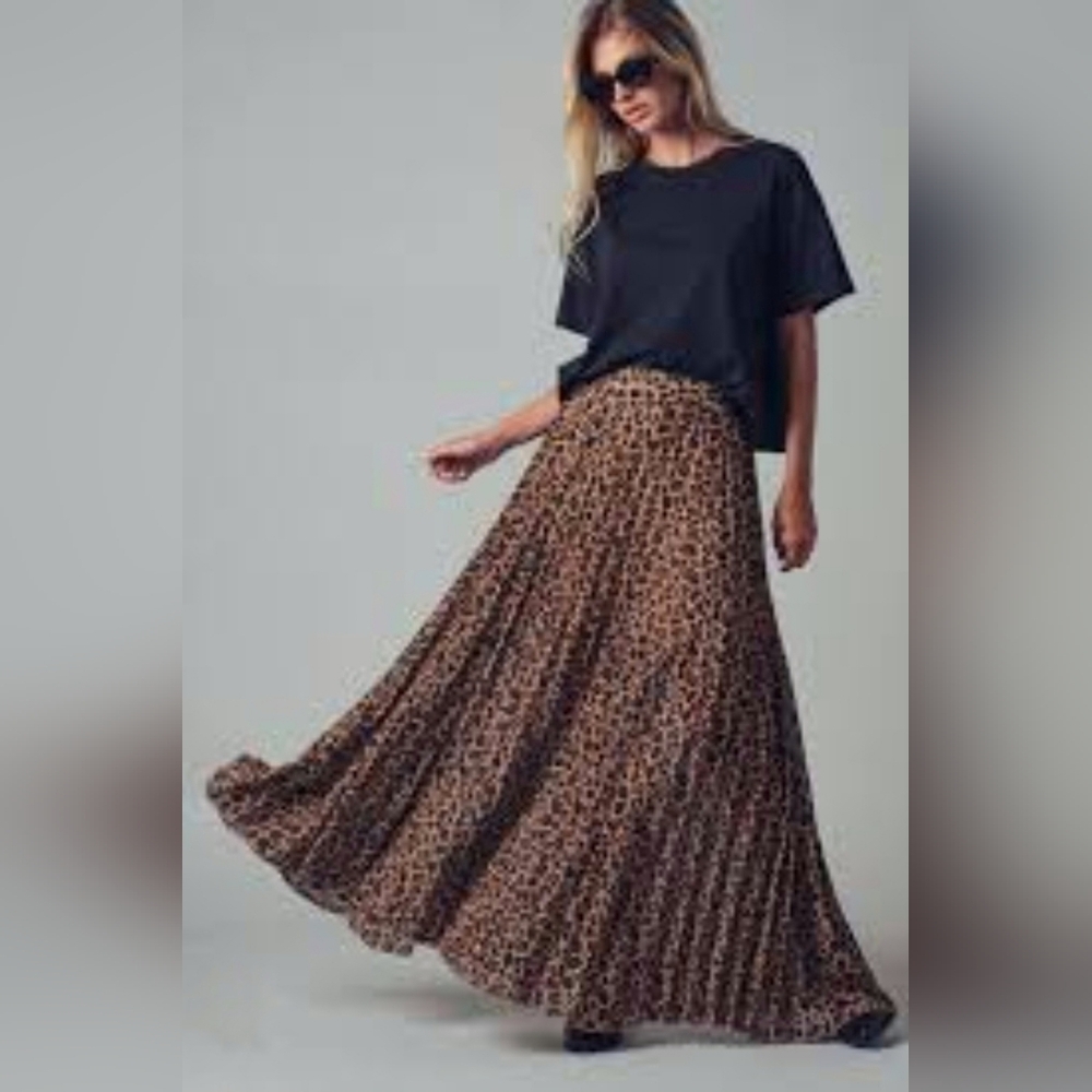 Joie Leopard Animal Print Pleated Maxi Skirt Size Large Brown Black Midi Classic